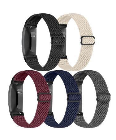 Enkic Elastic Watch Band Compatible with Fitbit Inspire 2/ Inspire/Inspire HR,Woven Soft Nylon Sport Breathable Wristband Replacement Straps For Women Men-5Pack Black+Beige+Burgundy+Indigo+Gray
