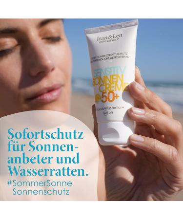 Jean & Len Sensitive Sunscreen 50+ SPF - Waterproof Vegan Travel Size | No Silicones Nanoparticles or Microplastics - Buy Online on GoSupps.com
