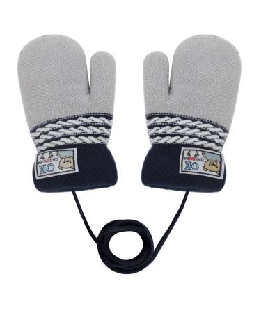 Infant Toddlers Lovely Mittens Winter Warm Cute Cartoon Gloves Dual Layers Plush Padded Knitted Gloves Mittens With Anti-Lost String for Baby Girls Boys 0-3 Years Old Ok Grey