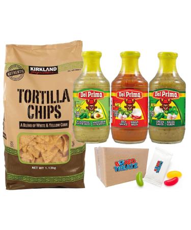 Tortilla Chips (1.13kg) With Del Primo Mexican Salsa Sauces (3 x 510g) - Red Green And Guacamole Boxed Treatz