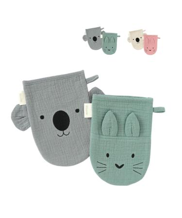 Blumie 2pcs Bath Mitt Gloves Washcloths for Babies and Kids with Animals Faces 100% Organic Cotton (Sage Green & Cloud Grey)