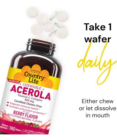 Country Life Acerola Vitamin C Complex 500mg Chewable Berry Flavored Wafers - 180 Wafers | Immune Health Support - Buy Online on GoSupps.com