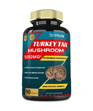 Tenmido Turkey Tail Mushroom Extract 5050mg with Lions Mane Cordyceps Reishi and More 10 Herbs in 1 | Digestive Function Supports Immune System 3 Months Supply