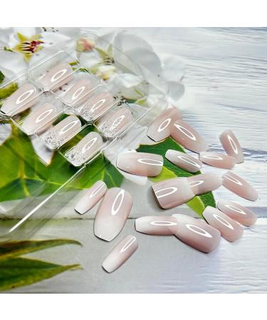 24PCS White Tip Gradient Pink Press On Nails - Medium Square & Glitter Designs - Full Cover Acrylic False Nails for Women & Girls - Buy Online on GoSupps.com