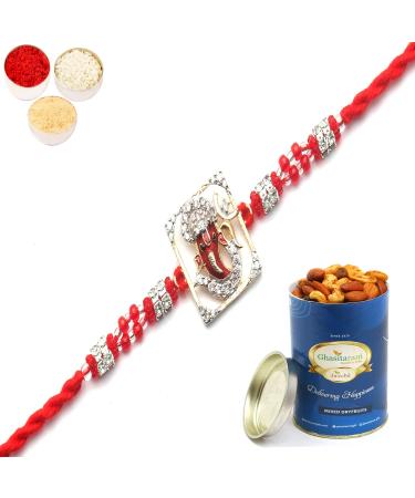 Ghasitaram Gifts Rakhi for Brother Rakhis Online - May Lord Ganesha Be with You Forever Rakhi with 100 GMS of Dryfruits Mix Can