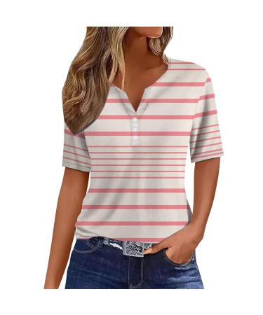 biJerou Women's Fashion Casual Striped Patchwork Button Down Short Sleeve T-Shirt Neckline Cover White XXL