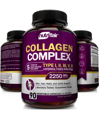 NutriFlair Multi Collagen Peptides 2250mg 90 Capsules - Type I II III V X - Collagen Supplements Complex Powder Pills for Women and Men - Hydrolyzed Protein Healthy Hair Skin Nails - Non-GMO - Buy Online on GoSupps.com