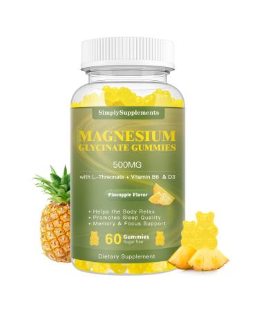 Magnesium Glycinate Gummies 500mg with L-Threonate Vitamin D B6 CoQ10 & Saffron - Calm Magnesium Gummies for Relaxation Mood & Sleep Support Chewable Magnesium Supplement - 60 Pineapple Gummies