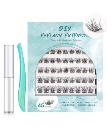SISILILY Individual Lashes 45 Cluster Lashes C Curl DIY Eyelash Extension Kit at Home Reusable 3D False Eyelashes Natural with Eyelash Glue and Tweezer 10/12/14/15/16mm Length (DM04) 45 clusters - DM04