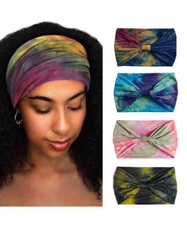 Aceorna Wide Headbands Stretch Turban Knotted Hairbands Elastic Yoga Workout Sweatband Running Sport Head Scarf Large African Head Wraps for Women 4 Pcs (Set A)