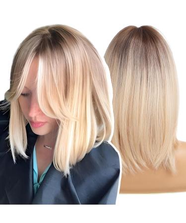 WOKESTAR Short Blonde with Dark Roots Color Wigs for Women Bob Style Synthetic Heat Resistant Bob Wigs