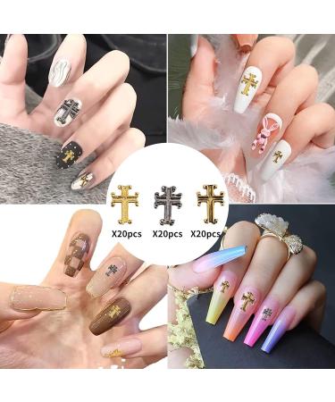 RUNRAYAY 60Pcs Cross Nail Art Studs for Nail Art Accessories Gold & Silver & Gray 3D Metal Retro Punk Nail Charms Cross Shape Nail Decoration for Women Girl DIY Nail Art Decor - Buy Online on GoSupps.com