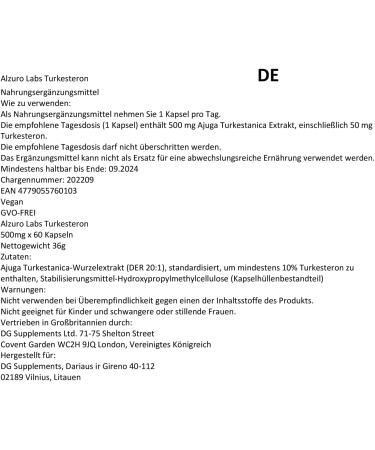 ALZURO LABS Turkesterone 10000mg Equivalent Ajuga Turkestanica Extract 201 500mg 60 vegan capsules 3rd batch tested by laboratory - Buy Online on GoSupps.com