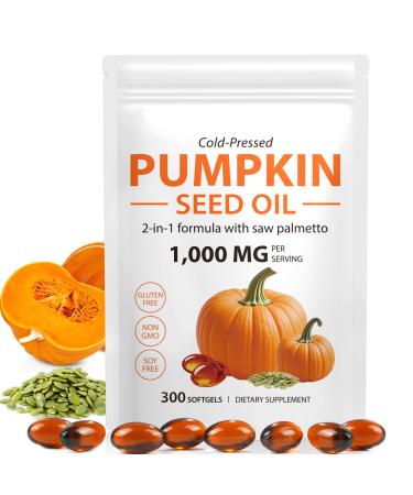 Pumpkin Seed Oil with Saw Palmetto Capsules 300 Softgels Cold Pressed Pure Virgin Oil Essential Fatty Acids & Phytosterols Supports Hair Urinary Bladder & Prostate Health Dietary Supplement 300 Count (Pack of 1)