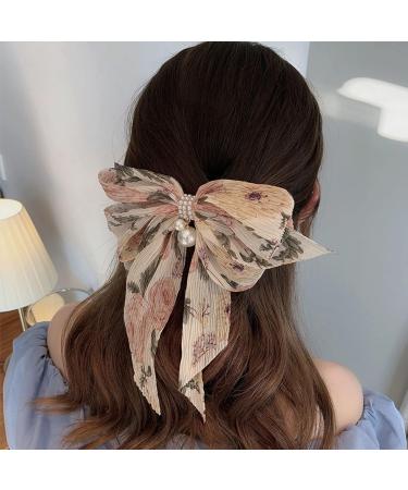Floral Pleated Hair Bow Barrette with Pearl Pendant - Beige | For Women & Girls | Versatile Accessory for Casual & Special Occasions - Buy Online on GoSupps.com