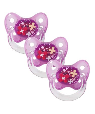 Dentistar Silikon Schnuller 3-Set- Size 1 Schnuller 0-6 months- tooth and jaw-friendly nipple with dental level- BPA-free- Made in Germany- Flowers purple