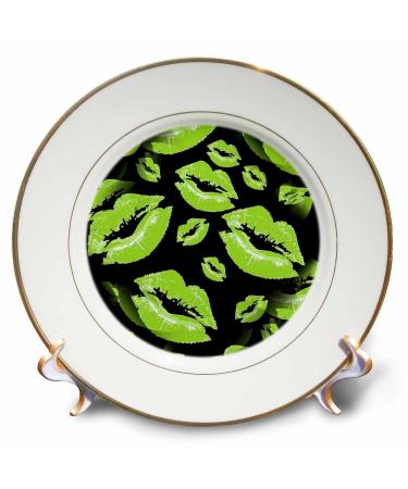 3dRose 8 inch Porcelain Plate - Two Kisses Collided Lip Smacking Lime Colored Lips Pattern Pattern - Lipstick Kisses