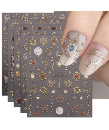 JMEOWIO 9 Sheets Heart Moon Star Nail Art Stickers Decals Self-Adhesive Colorful Gold Red Nail Supplies Nail Art Design Decoration Accessories