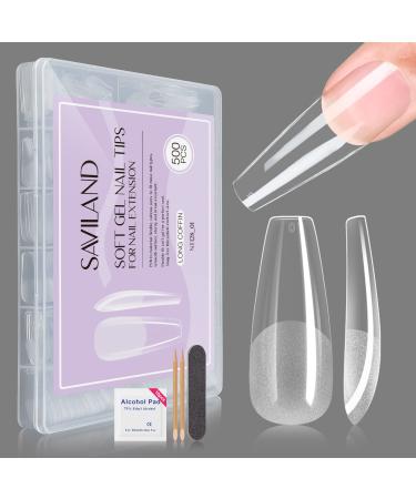 Saviland Gel X Nail Tips - Soft Gel Nail Tips 550PCS Long Coffin Full Cover Nail Tips Set Clear Acrylic Nails Tips 12 Sizes Gel Nail Tip Kit for Nail Repair Extensions Kit for Home DIY Nail Salon Use A1-Long Coffin