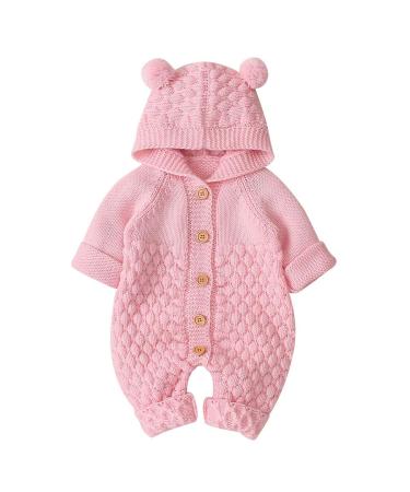 Haokaini Newborn Baby Ear Hooded Knitted Warmer Winter Romper Bodysuit Snowsuit for Boys Girls 18-24 Months Pink