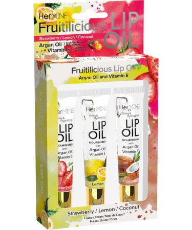 HerMINE Hydrating Lip Oil with Argan oil & Vitamin E Clear Long Lasting Nourishing Lip Oils Moisturizing Gel Multi-Packs Softening Clear Oil Strawberry Lemon Coconut