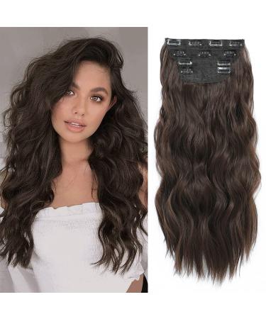 Clip in Hair Extensions 4PCS Thick Full Head Natural Brown 20Inch Hair Extensions Clip in Curly Wavy Synthetic Hair Extension Hairpieces