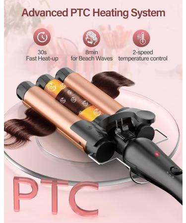 3 Barrel Hair Waver for Large Waves - 25mm Curling Iron with Ceramic Barrels, Temperature Control, Quick Heating, Heat-Resistant Glove - Rose Gold - Buy Online on GoSupps.com