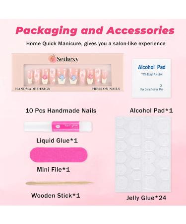 Sethexy Handmade French Long Coffin False Nails - 3D Crystal & Road Stones Press-On Acrylic Nails for Women & Girls - Buy Online on GoSupps.com