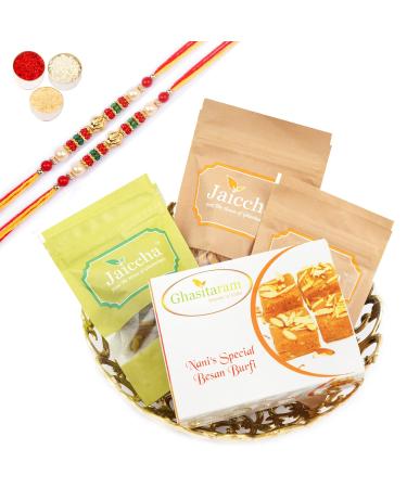 Ghasitaram Gifts Rakhi Gifts for Brothers Rakhi Sweets - Carved Basket of Almonds Raisins Butter Chakli and Besan Barfi with 2 Pearl Beads Rakhis Basket of Almonds Raisins Chakli Barfi with 2Rakhi