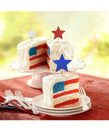 4th of July Cupcake Toppers Red Blue White Star Glitter Patriotic Food Pick Memorial Independence Day Party Decoration 24 Pieces - Buy Online on GoSupps.com