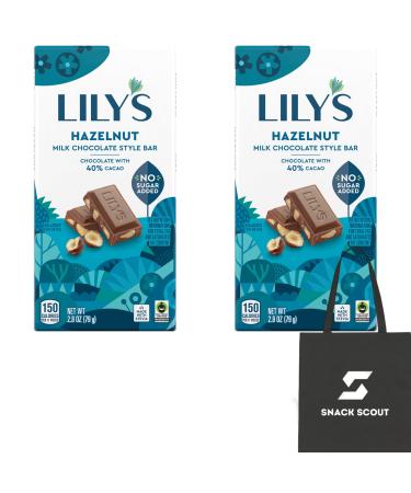 Lily's Hazelnut Milk Chocolate Style No Sugar Added Sweets Bar 2.8 oz (Pack of 2) Bundle With Snack Scout Lunch Bag