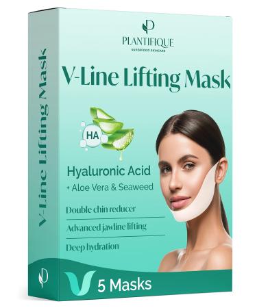 PLANTIFIQUE V-Line Lifting Face Mask - 5 PCS V Shape Face Lift Tape Mask for Skin Firming and Tightening - Double Chin Reducer Jawline Sculptor for Women & Men - Anti-Aging, Contouring & Slimming