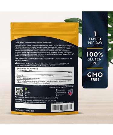 Vitamin A 10,000 IU 365 Tablets - High Strength Supplement for Skin, Eyes & Immune System - Vegan-Friendly - Nutravita - Buy Online on GoSupps.com