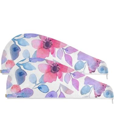 Watercolor Purple Flowers Hair Towel 2 Pack - Super Absorbent Quick Dry Turbans for Women & Girls - Buy Online on GoSupps.com