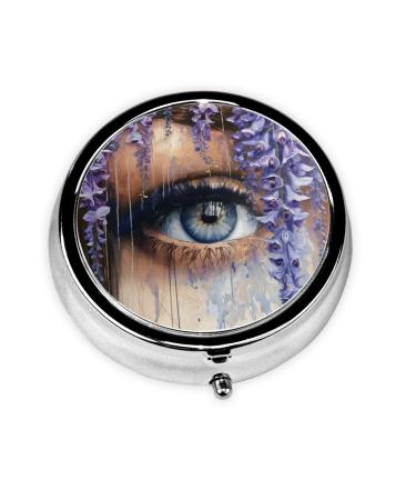 Blue Flowers and Eyes Portable Metal Pill Box Round Mini 3-Compartment Plastic Insert hinged Fastening Design Suitable for Small Pills Must-Have for Travel Black
