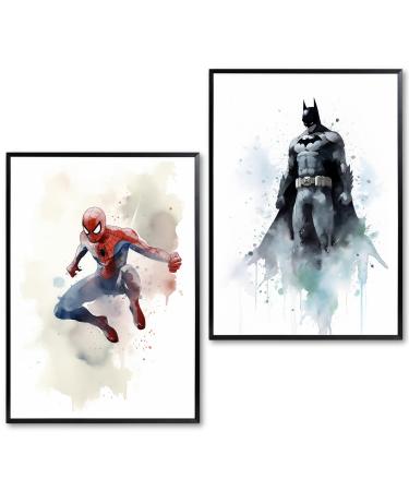 Poster Pictures Nursery Superhine 2 Set 40 x 30 cm - Spiderman Batman - Children's Room Decoration Watercolor - Wall Decorations Nursery - For Children Adult Boys' Bedroom