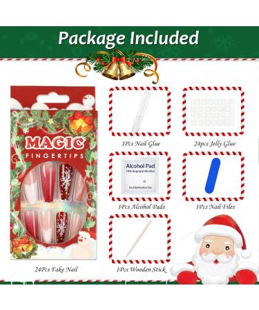 Coffin Christmas False Nails Set - Red Gradient Snowflake Xmas Design | 24Pcs Long French Fake Nails with Nail Glue for Women & Girls - Buy Online on GoSupps.com