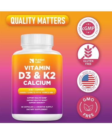 NUTRITIONLABS Vitamin D3 K2 5000 IU Supplement with Calcium | Immune Health, Strong Bones & Heart Support | 60 Count - Buy Online on GoSupps.com