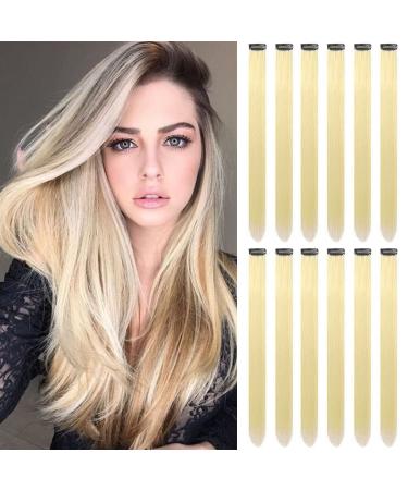 12 PCS Blonde Hair Extensions Clip in  Colored Party Highlights Extension for Kids Girls Synthetic Hairpiece Straight 22 inch