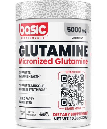 Basic Glutamine Powder 5000mg L-Glutamine for Muscle Recovery Immune Support Protein Synthesis Vegan Gluten-Free Unflavored 60 Servings