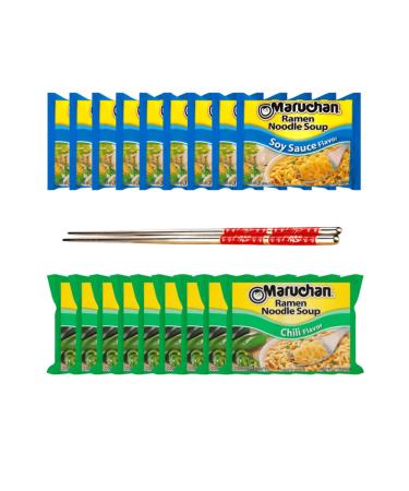 Ja Cor Instant Ramen Noodle Soup Variety Pack 2 Flavors (9) Soy Sauce (9) Chili Flavor Noodles 3 oz. Bundle with 1-Set of Reusable Stainless Steel Chopsticks (18 Individual Packs)