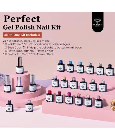 Modelones 24 Pcs Gel Nail Polish Set 20 Colors Nude Pink Gray Neutral Gel Polish Set with Prep Bond Primer Glossy & Matte Top Base Coat Nail Art Manicure DIY Salon Gift Kit Blue Gray - Buy Online on GoSupps.com