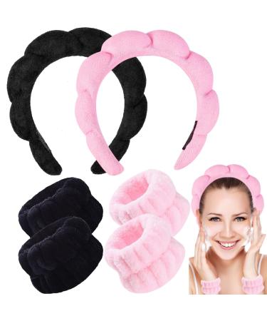 Spa Headbands for Women  2 Spa Sponge Headband with 4 Wrist Washband for Washing Face  Skincare Hairband Terry Towel Cloth Fabric Padded for Makeup Removal Shower Yoga Headwear Accessory (Black Pink) (style1)