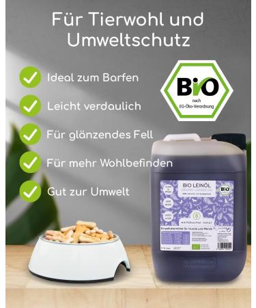 Wolfsbach Organic Linseed Oil for Dogs & Cats Omega 3 & 6 5L Cold Pressed 100% Organic from Germany Feed & BARF Oil Certified De- ko-060 - Buy Online on GoSupps.com