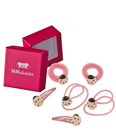 HAARallerliebst hair tie set (6 pieces | ladybug | pink) for girls including box for storage (box color: pink)