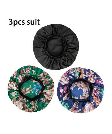Awegeo 3 Pcs Satin Bonnet Set for Black Women Hair Care | Soft Silk Bonnets for Hair Loss Prevention | Luxurious Fabric with Wide Elastic Band | Normal Size Black, Green & Navy Flowers - Buy Online on GoSupps.com