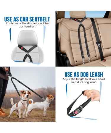 SlowTon Double Dog Seat Belt - Dual Pet Car Headrest Safety Restraint for 2 Medium/Large Dogs - No Tangle Leash Splitter - Adjustable Elastic Bungee - Black - Buy Online on GoSupps.com