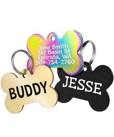 GoTags Personalized Bone Dog Tags in Rainbow Steel, Black Steel or Solid Brass, Custom Engraved Pet Tags for Dogs and Cats. Front and Back Engraving with Fun Fonts. Dog ID and Cat ID Tags (Pack of 1)