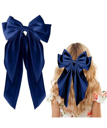 Bow Hair Clips Solid Color Bow Navy Blue French Automatic Hair Clip with Soft Long Silky Satin Tail Large Bows for Simple Women Girls Barrettes Hair Fastener Accessories for Women Girls