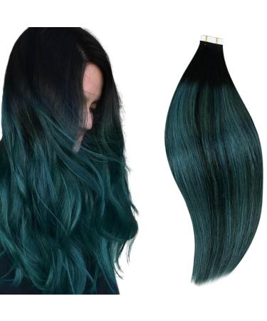 RUNATURE Tape in Hair Extensions Real Human Hair Black Ombre Teal Tape in Extenions Human Hair Balayage Colored Tape in Hair Extensions 12 Inch 30 Gram 12 Inch Tape #1b/Teal